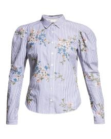 Veronica Beard Signy Floral Embroidered Button-Front Striped Shirt at Neiman Marcus